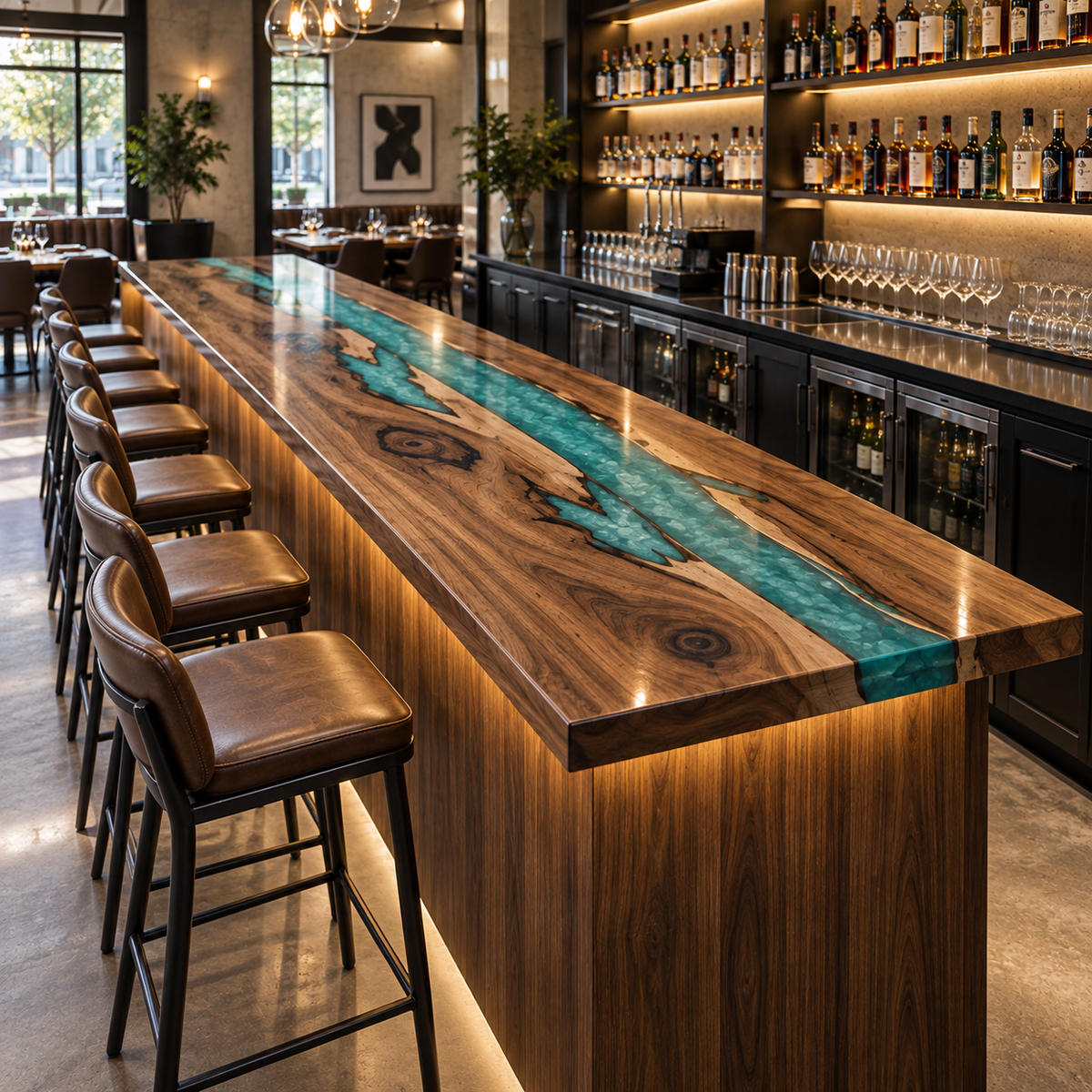 Walnut Swirl Blue Epoxy Bar Counter, full tabletop view