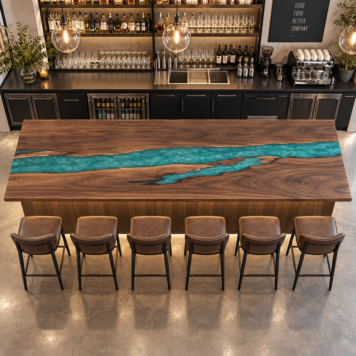 Walnut Swirl Blue Epoxy Bar Counter, surface finish close up