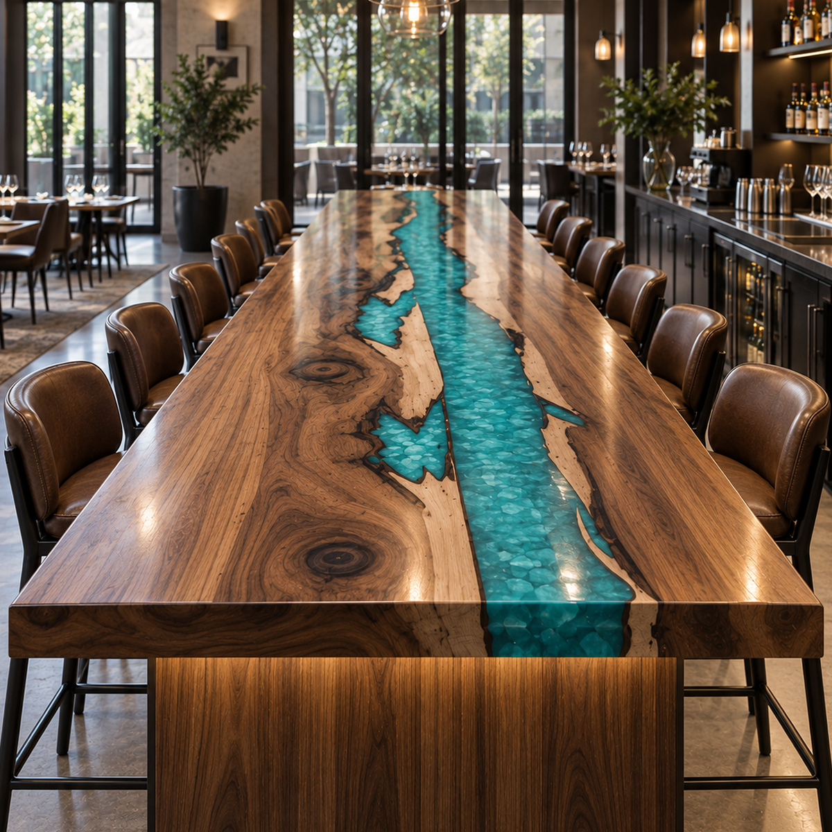 Walnut Swirl Blue Epoxy Bar Counter, leg and base detail