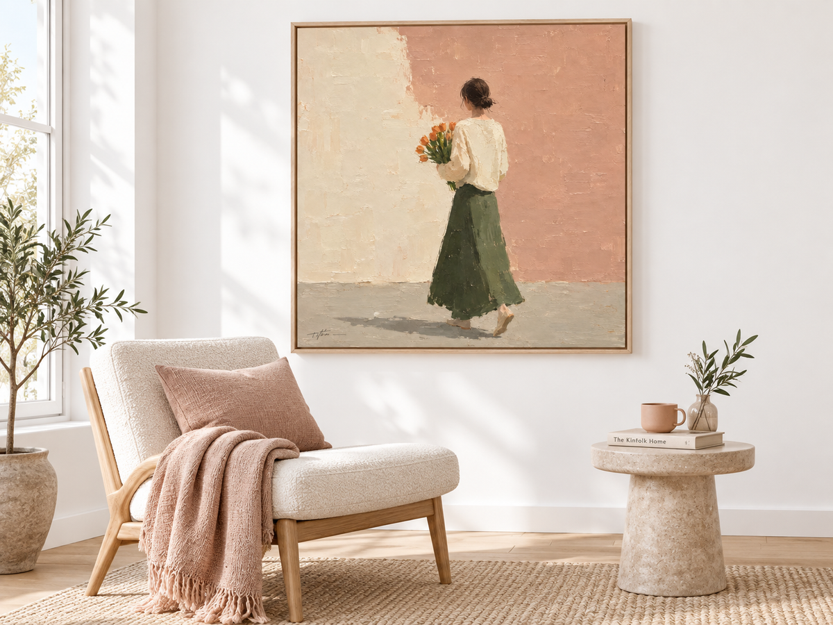 Woman with Orange Tulips Canvas Art, brush and texture close up