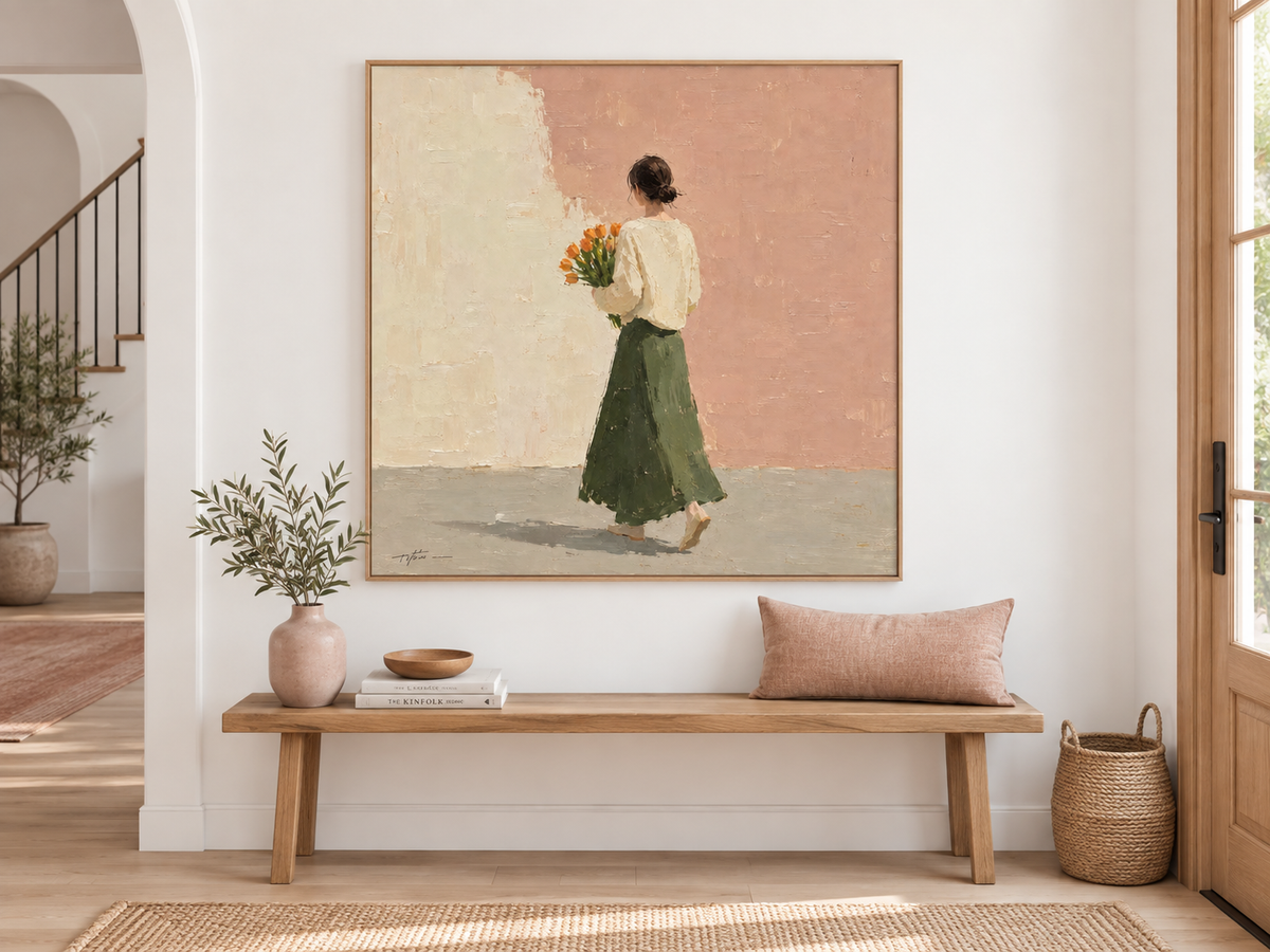 Woman with Orange Tulips Canvas Art, styled above a sofa