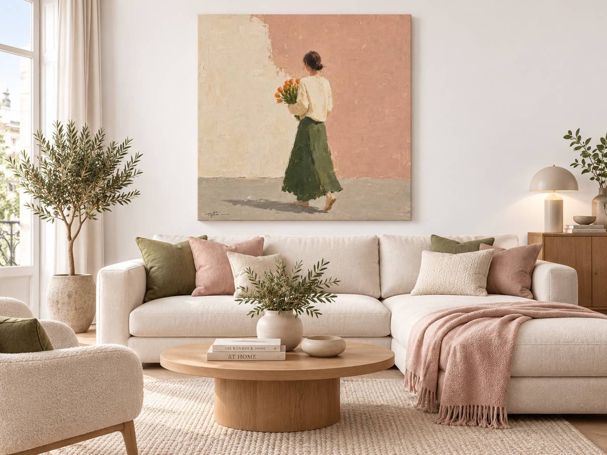 Woman with Orange Tulips Canvas Art, scale in a living room