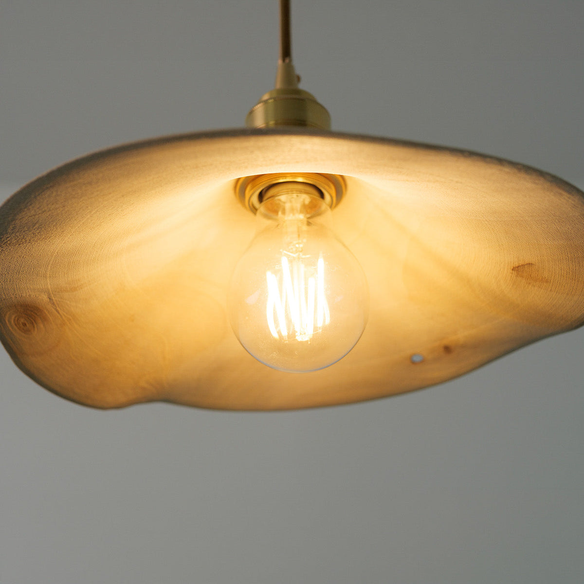 Yakusugi Wabi-sabi Wood Pendant Light, fixture lit in a room